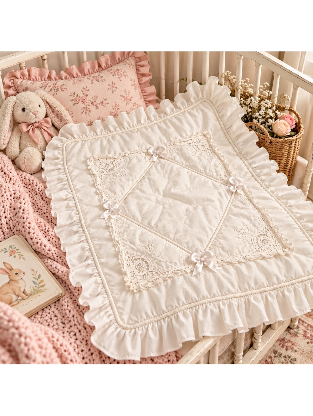 Vintage NoJo White Lace Ruffle Nursery Crib Quilt Blanket Cottagecore Coquette